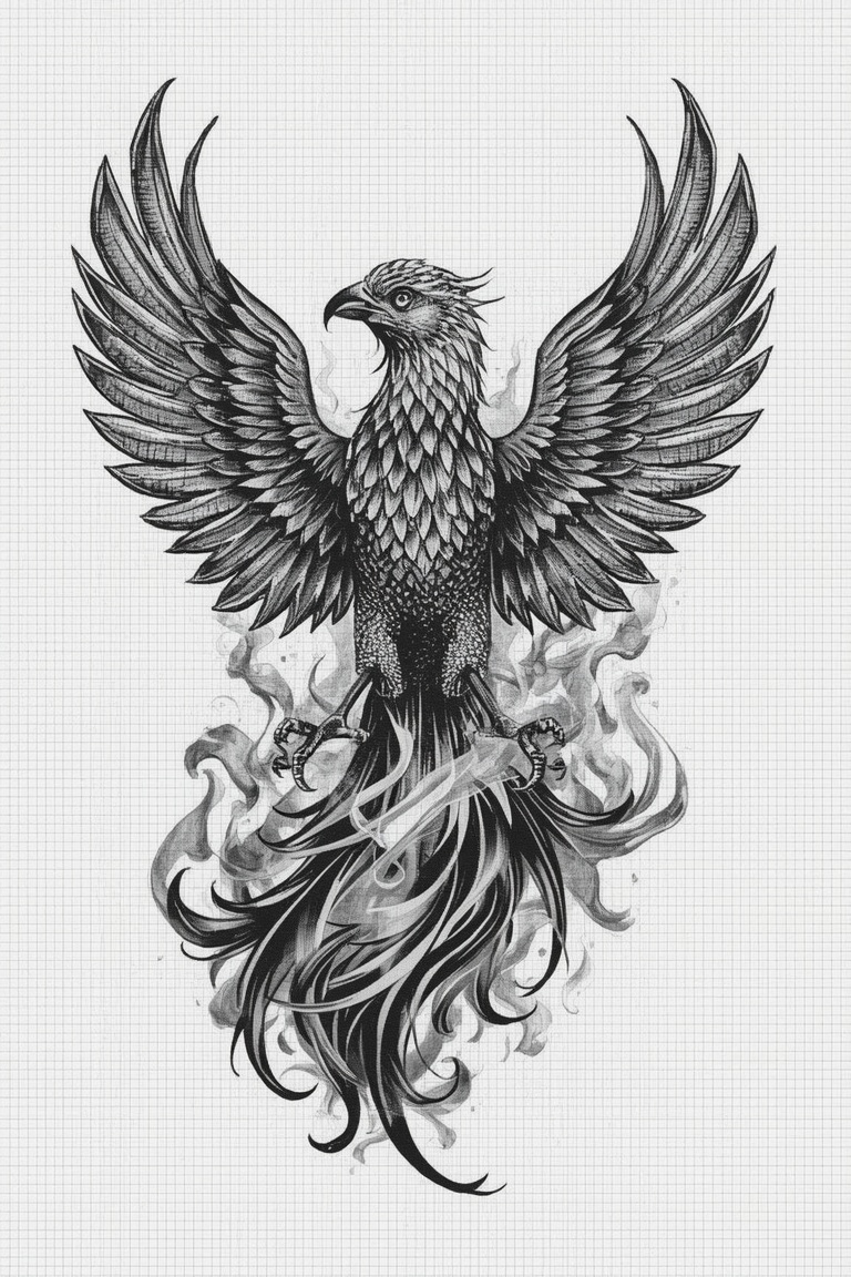 Ascent of the Immortal Phoenix: Blackwork Tattoo Design