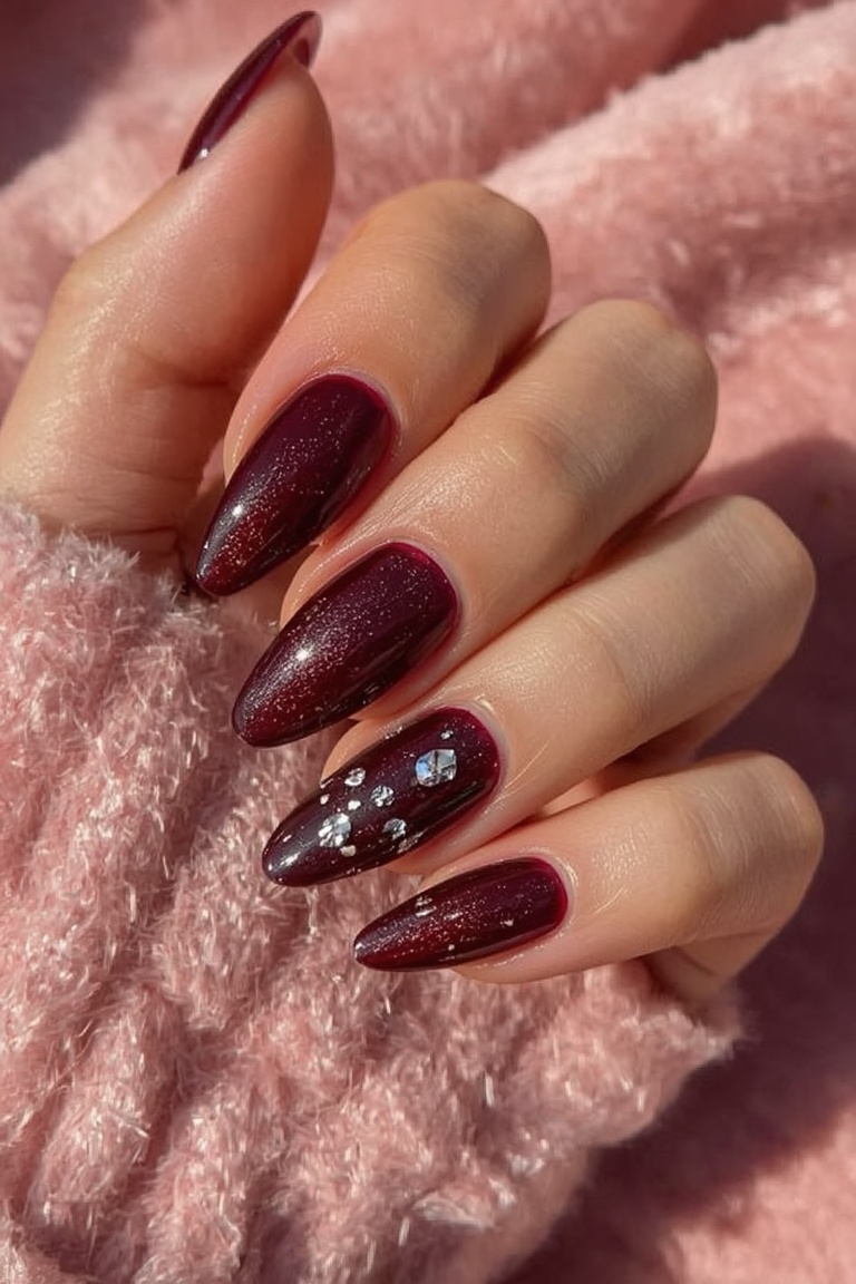 Burgundy Crystal Shimmer Gel Nails