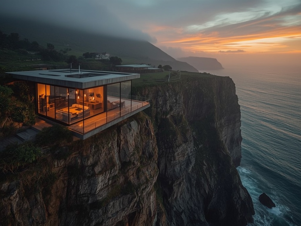 Cliffside Serenity: Modern Minimalist Retreat at Sunset
