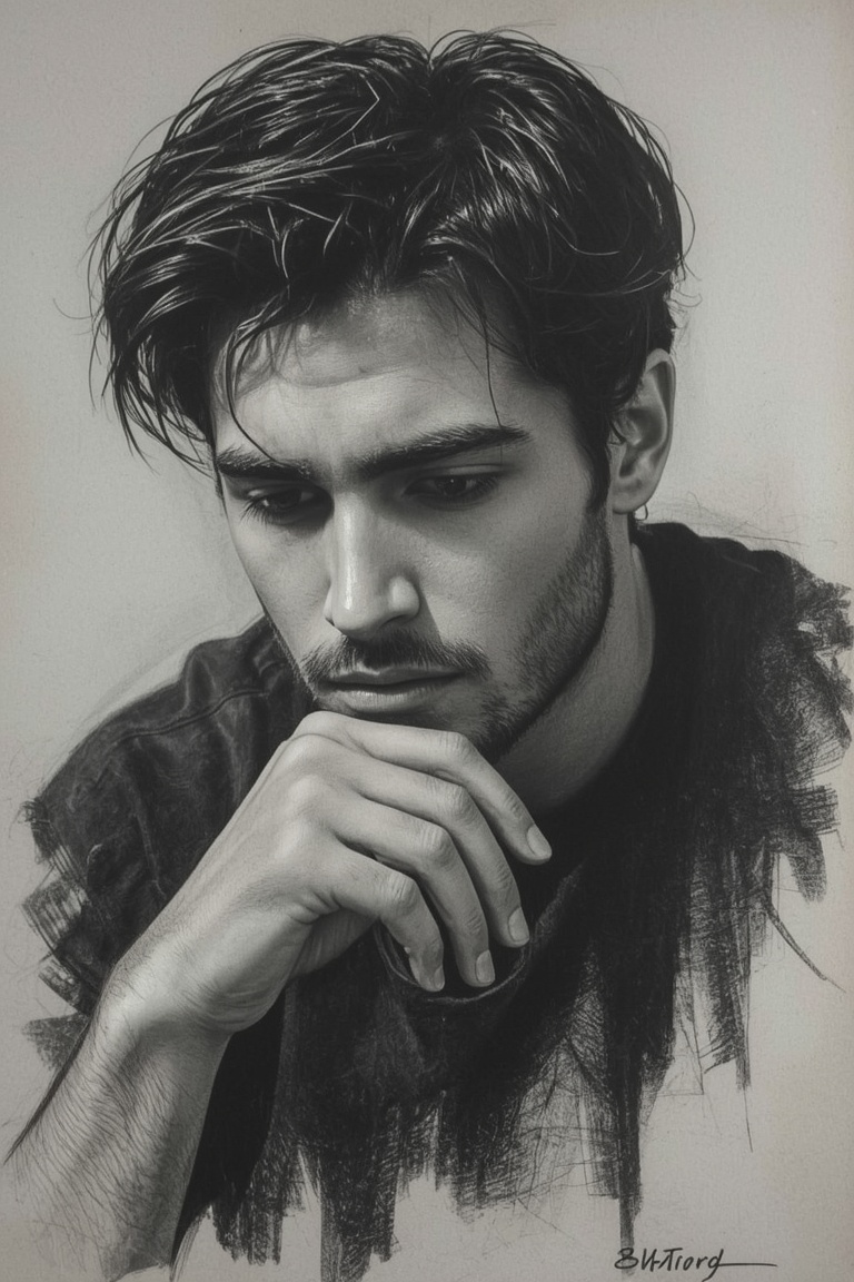Contemplative Gaze: Charcoal Portrait
