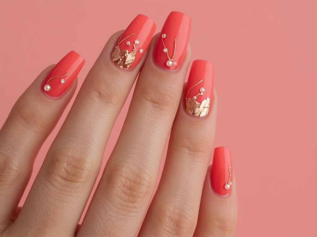 Coral Dream: Luxe Gel Nails with Gold and Pearls