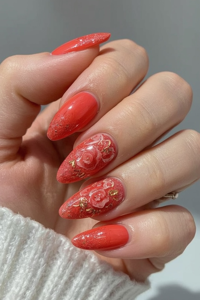 Coral Radiance: Floral Gel Nail Art