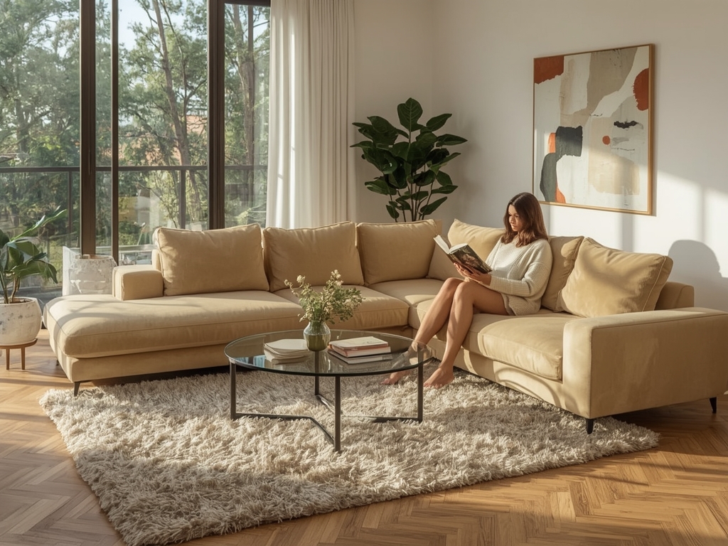 Cozy Modern Living Room with Reading Woman