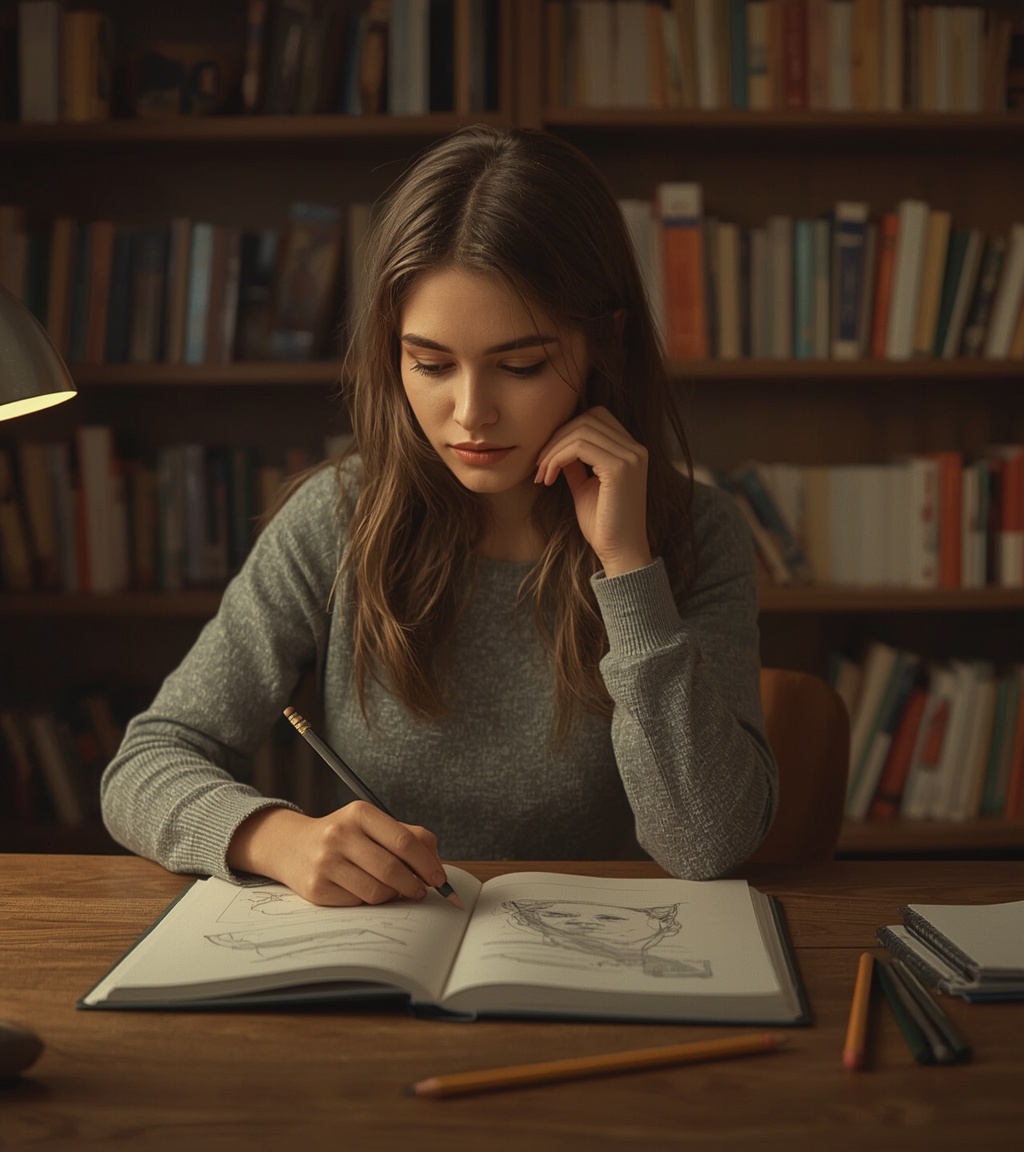 Cozy Study of a Young Woman Sketching