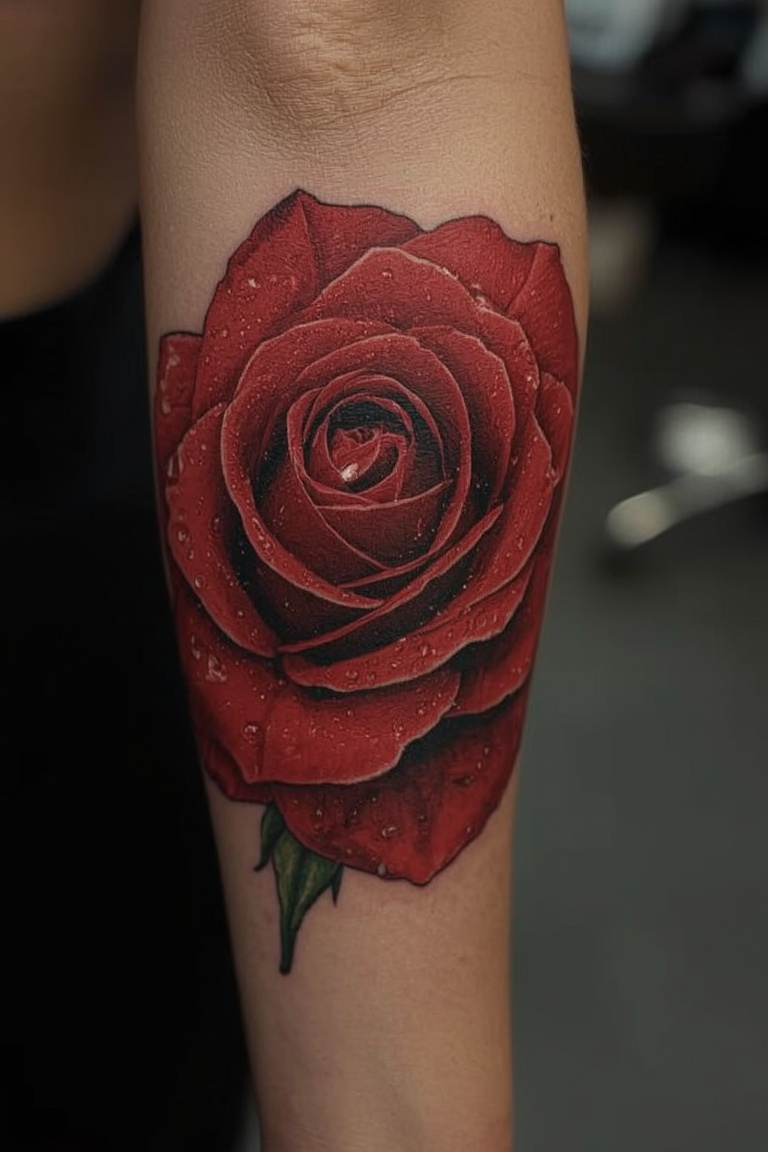 Crimson Bloom: Realistic Rose Tattoo