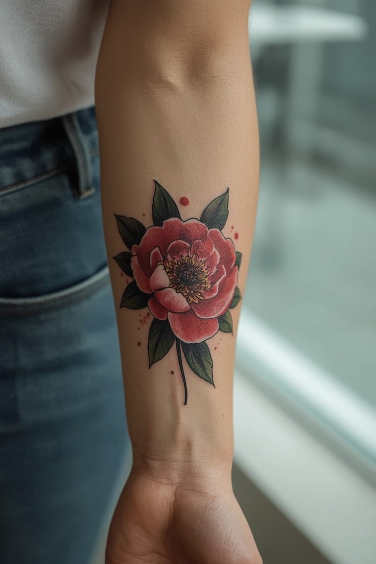 Crimson Peony Ink: Floral Arm Tattoo