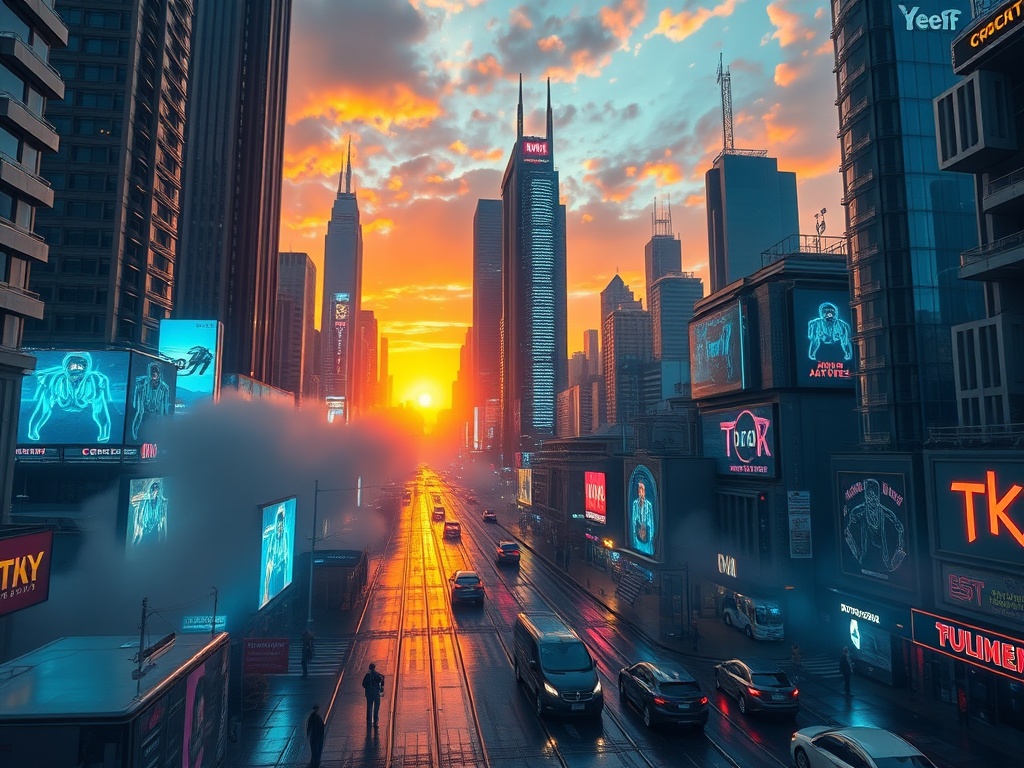 Cyberpunk Sunset Cityscape