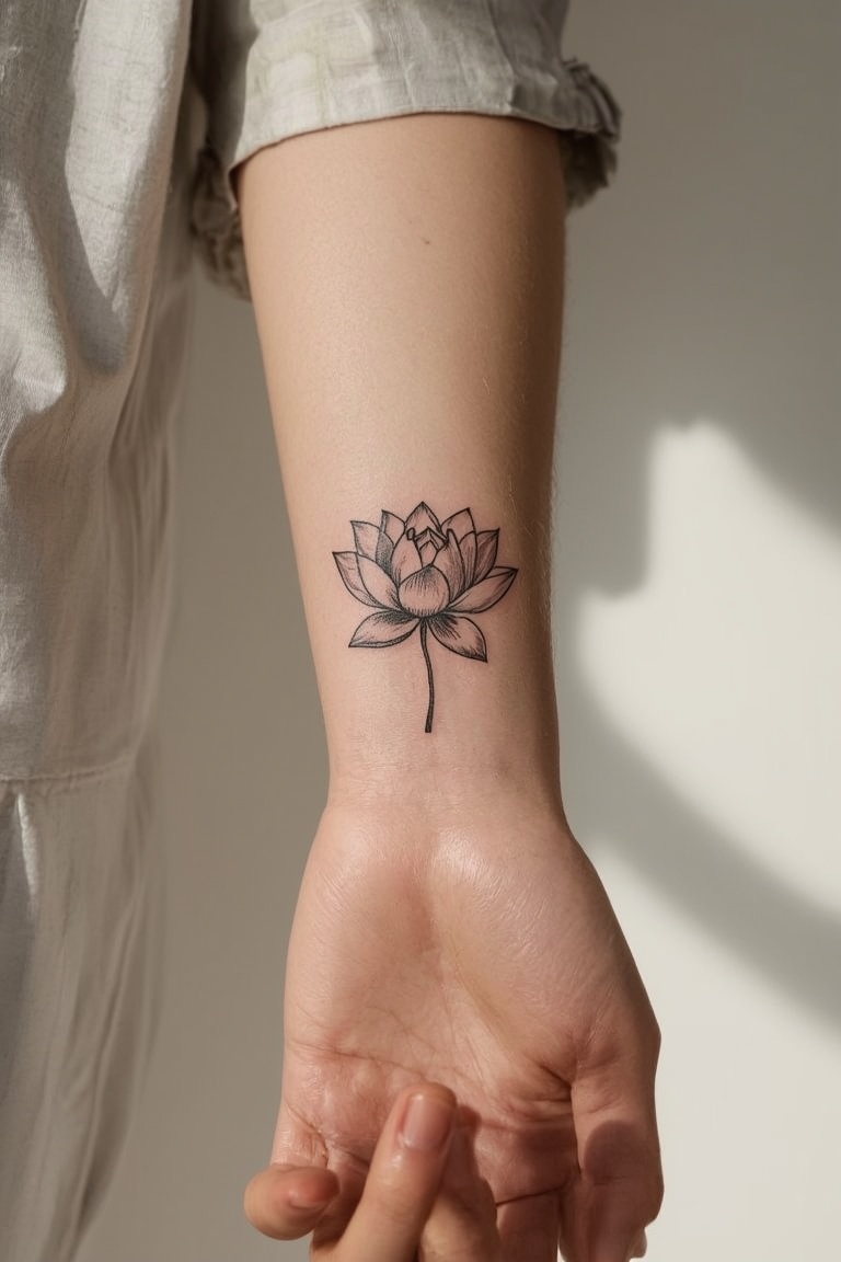 Delicate Bloom: Fine Line Lotus Tattoo
