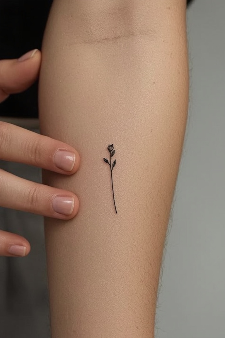 Delicate Botanical Fine Line Tattoo on Forearm