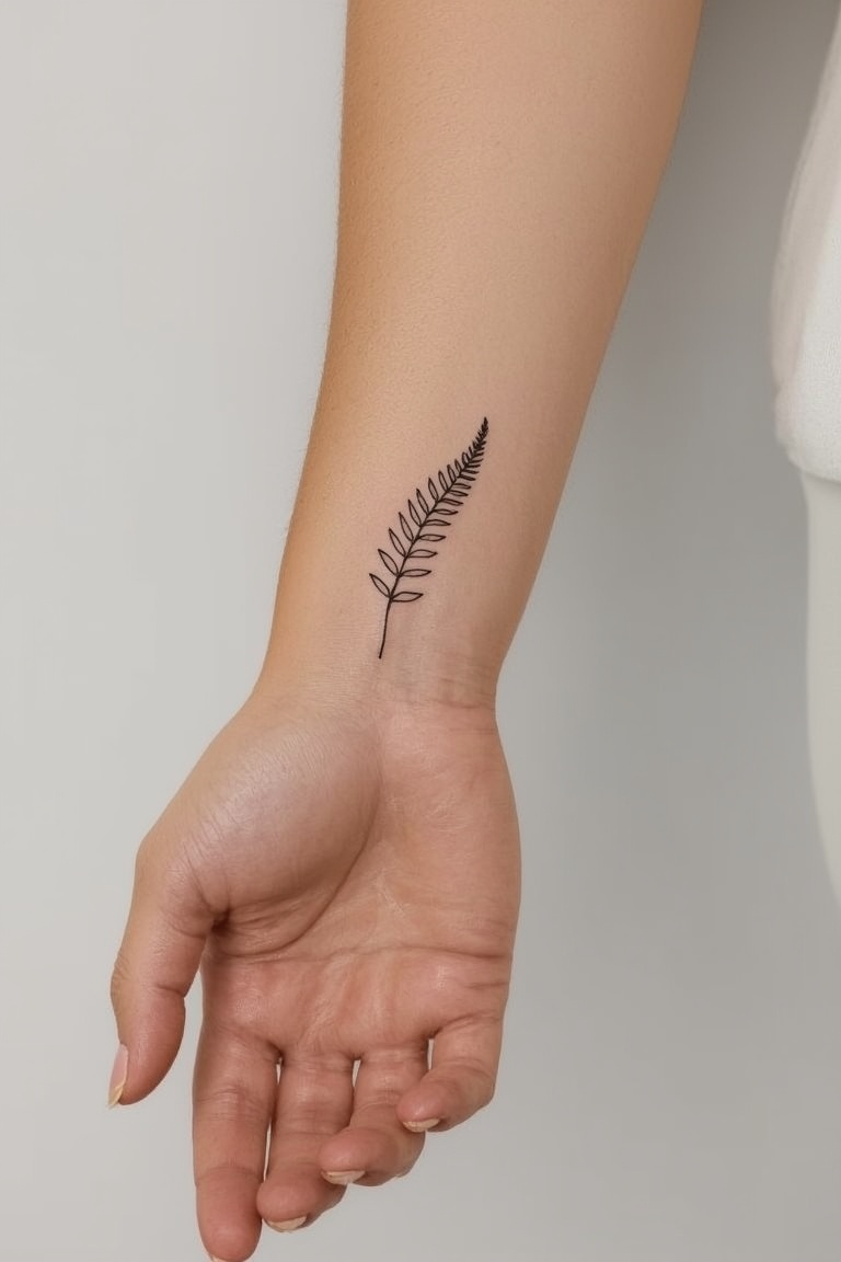 Delicate Fern Fine Line Tattoo on Forearm