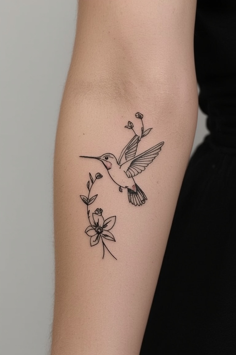 Delicate Hummingbird Fine Line Tattoo