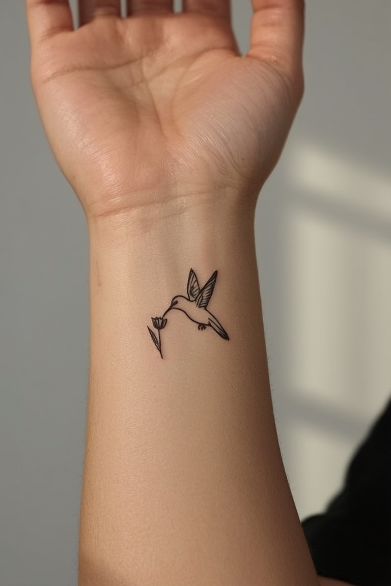 Delicate Hummingbird Wrist Tattoo