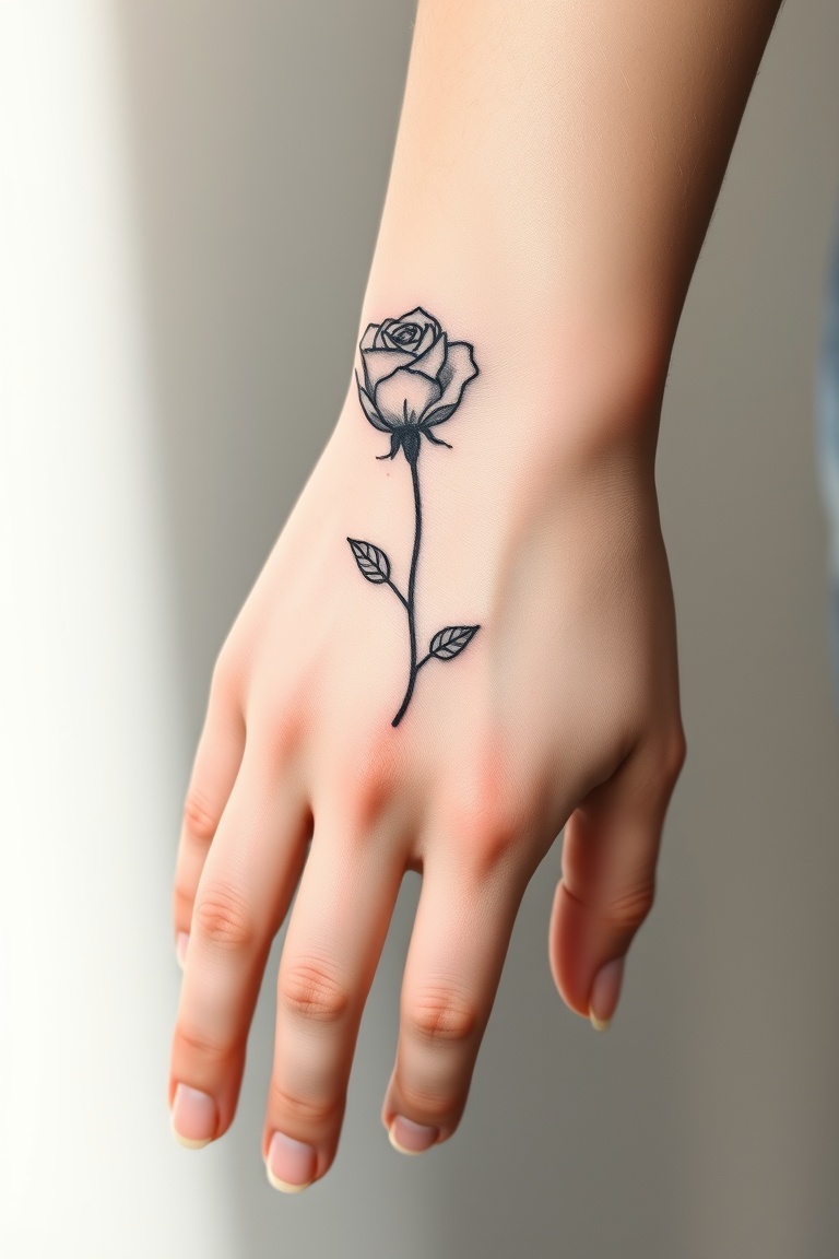 Delicate Rose Fine Line Tattoo