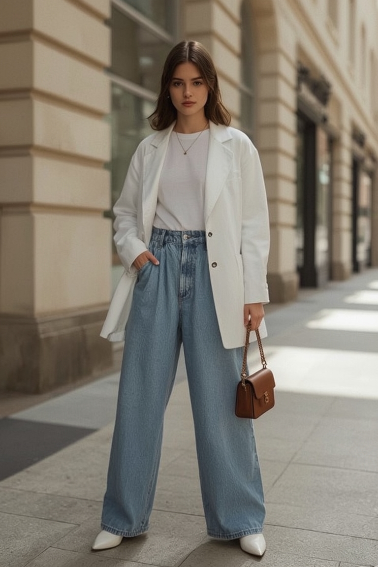 Effortless City Style: White Blazer & Denim