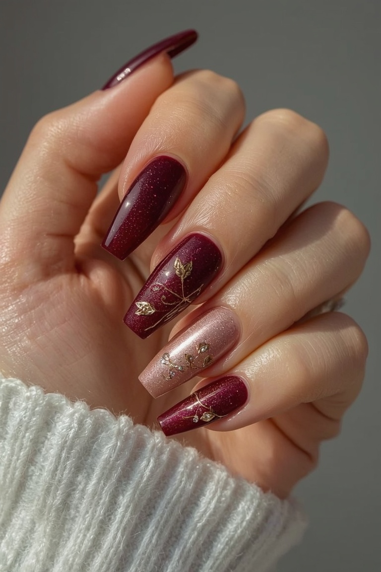 Elegant Burgundy Rose Gold Nail Art with Golden Leaf Accents