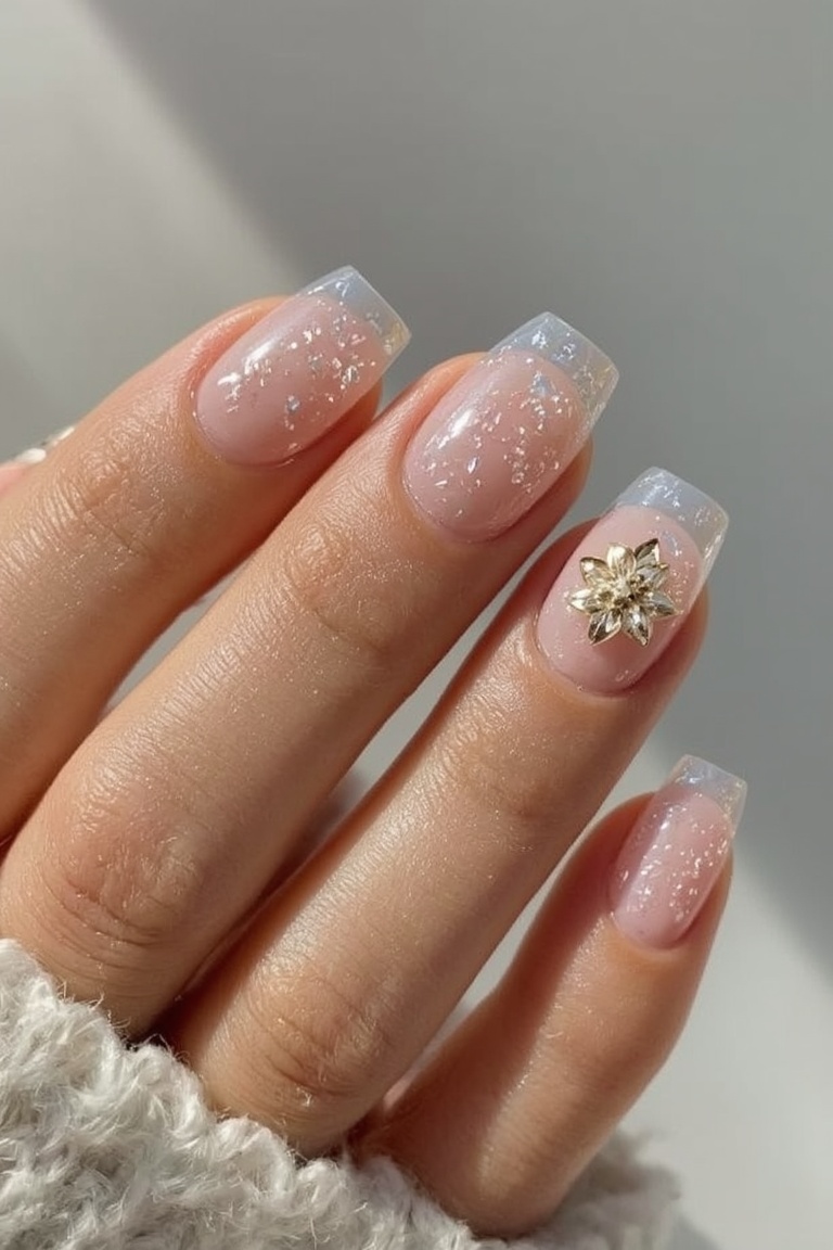 Elegant Silver Foil & Gold Floral Nail Art