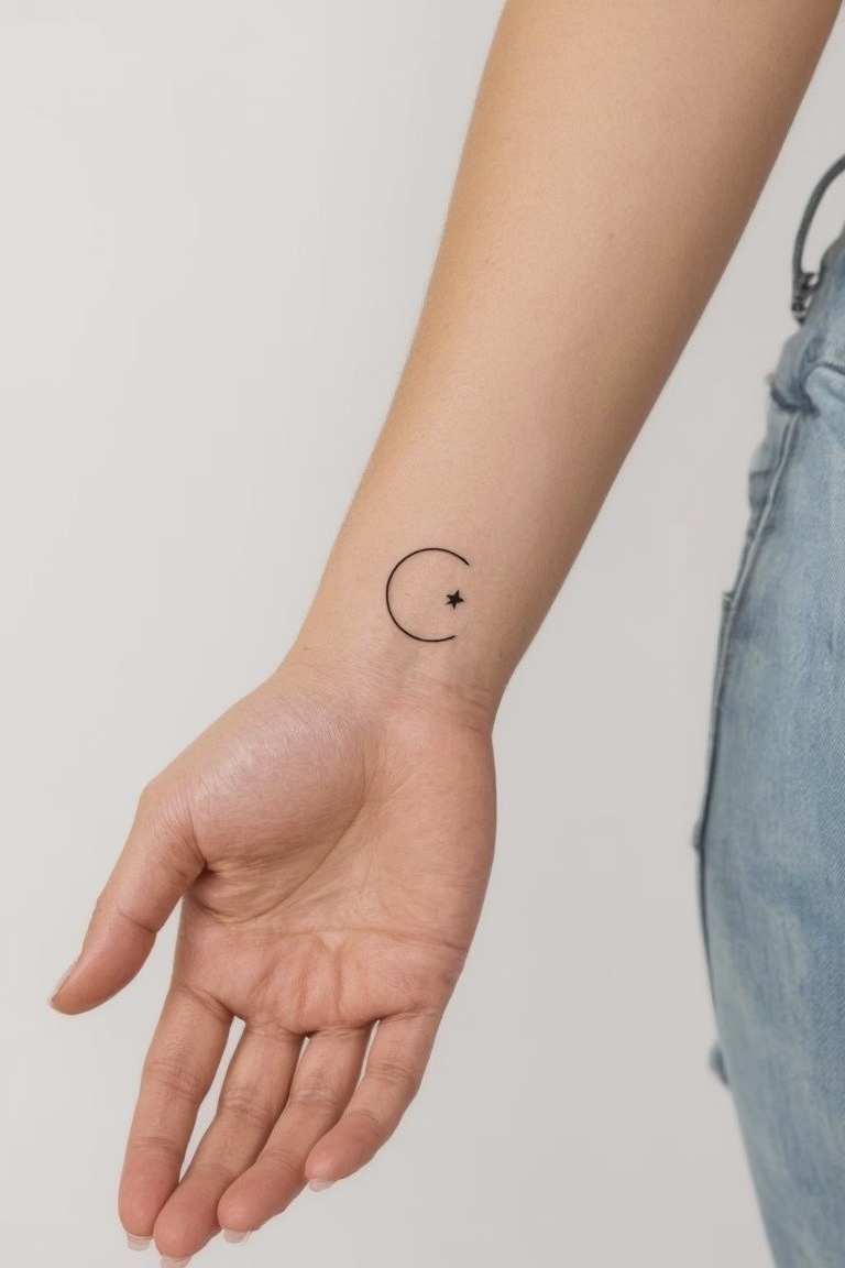 Elegant Simplicity: Minimalist Crescent Moon and Star Tattoo