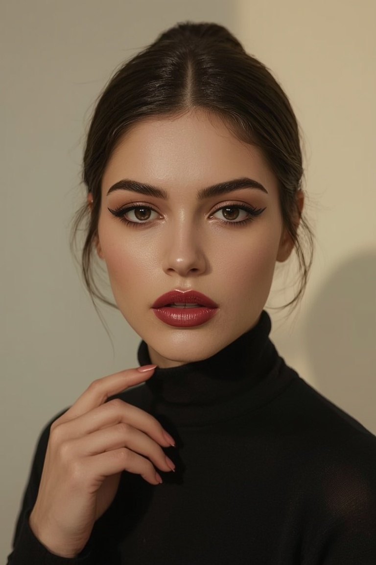 Flawless Glamour: Bold Red Lipstick and Sharp Winged Eyeliner