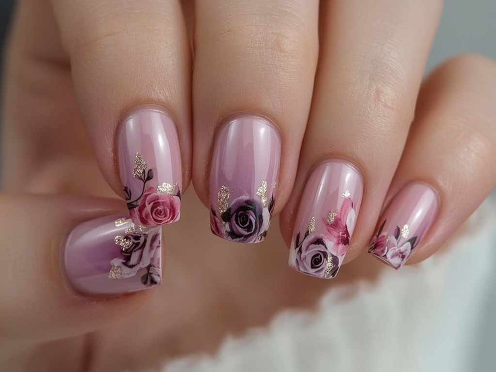 Floral Elegance Gel Nails with Gold Accents