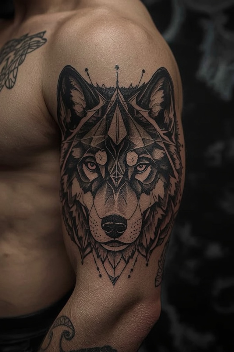 Geometric Wolf Arm Tattoo – Hyper-Realistic Blackwork
