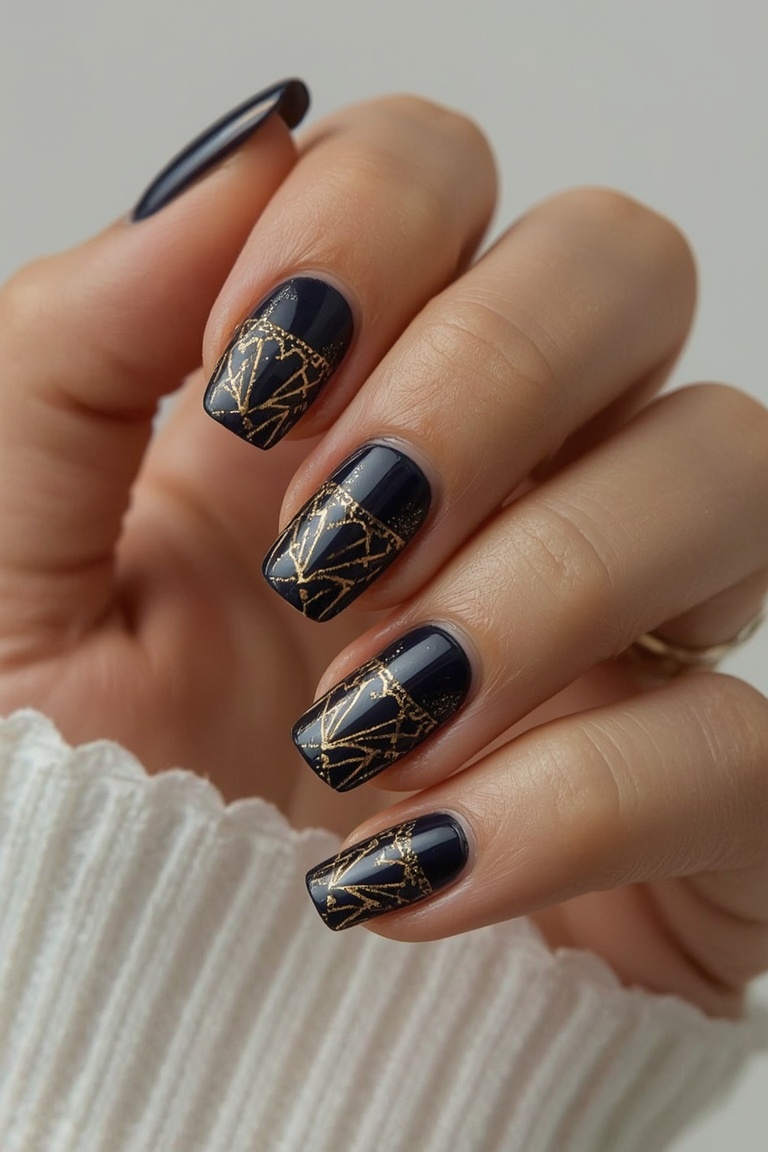 Gilded Geometry: Modern Nail Art Masterpiece