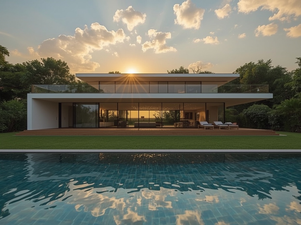 Glass and Wood Minimalist Retreat at Golden Hour