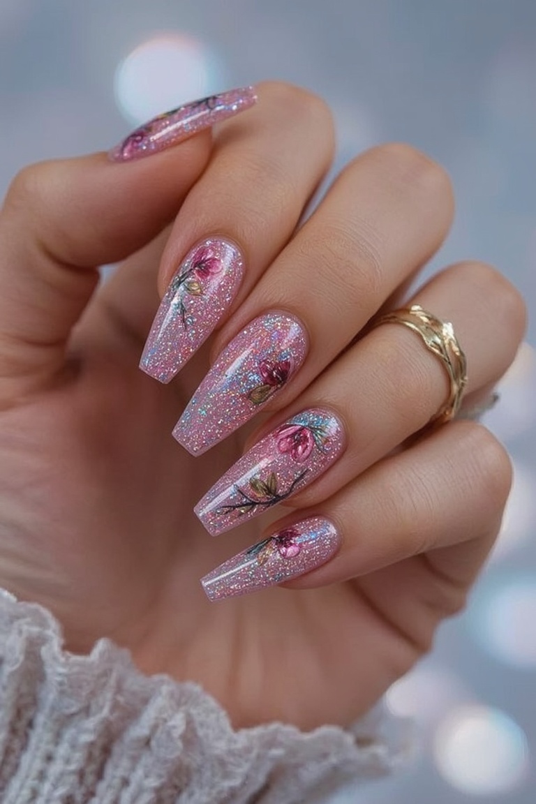 Glittering Floral Nail Art Masterpiece