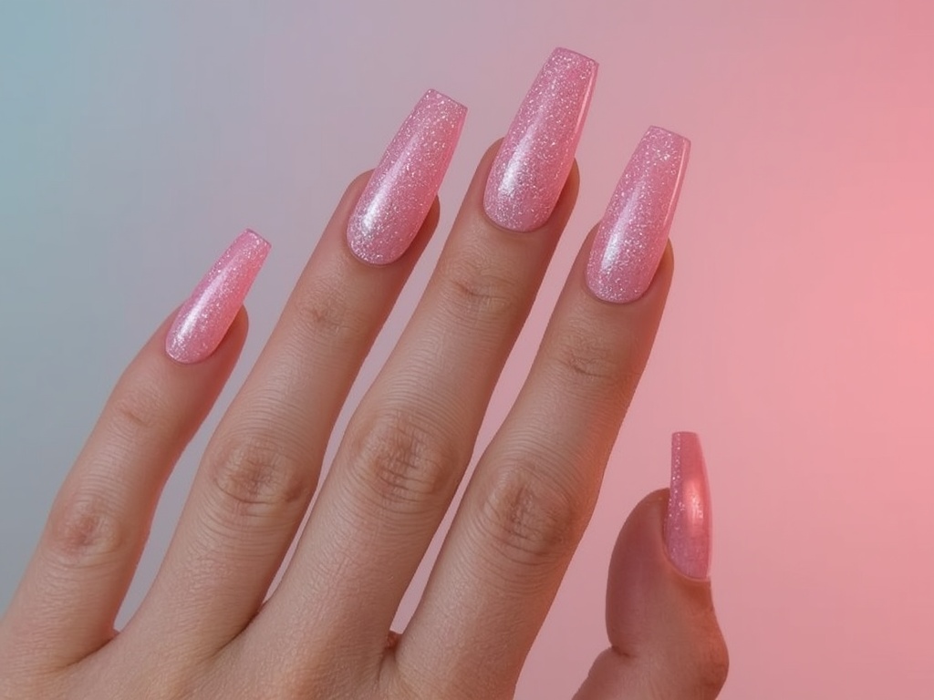 Glossy Pink Coffin Nails with Glitter