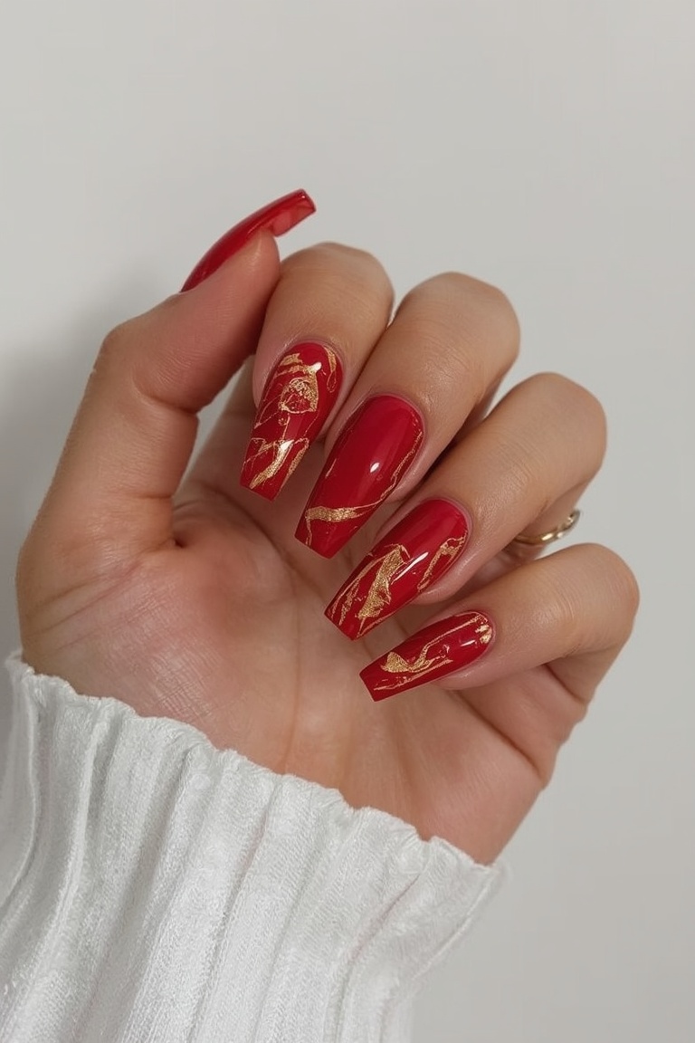 Glossy Red Gold Marble Acrylic Nails