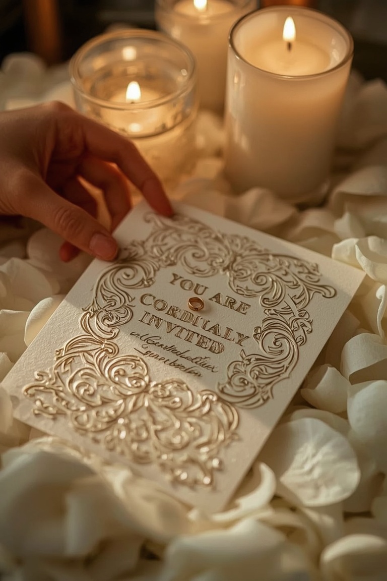 Gold Foil Wedding Invitation on Rose Petals