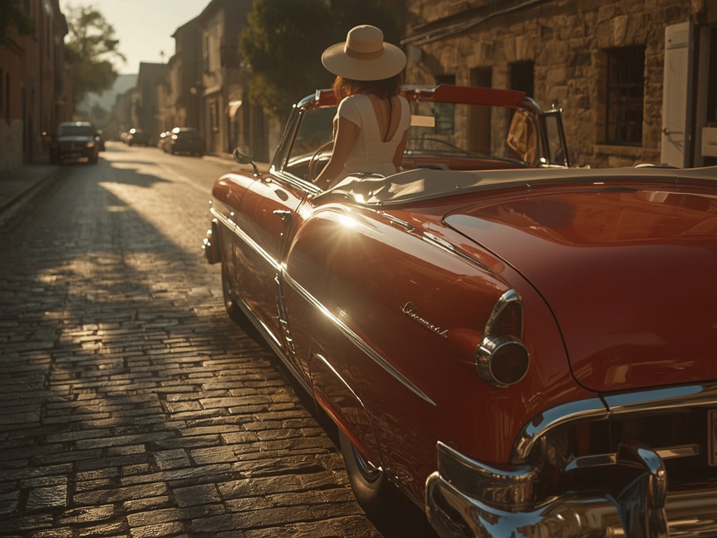 Golden Hour Elegance: A Vintage Ride Through Cobblestone Dreams