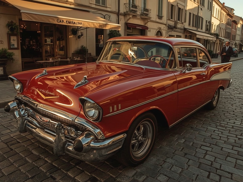 Golden Hour on Cobblestone: A 1957 Classic