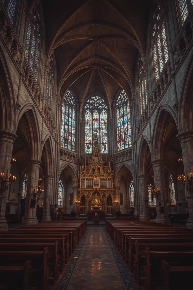 Gothic Grandeur: Cathedral Interior in Stained Glass Light