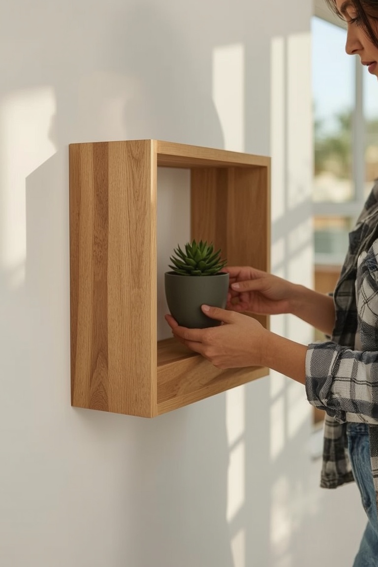 Handcrafted Geometric Shelf with Succulent