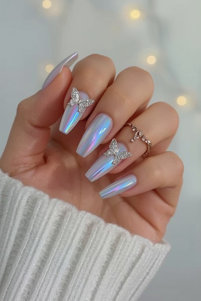 Holographic Chrome Butterfly Nail Art