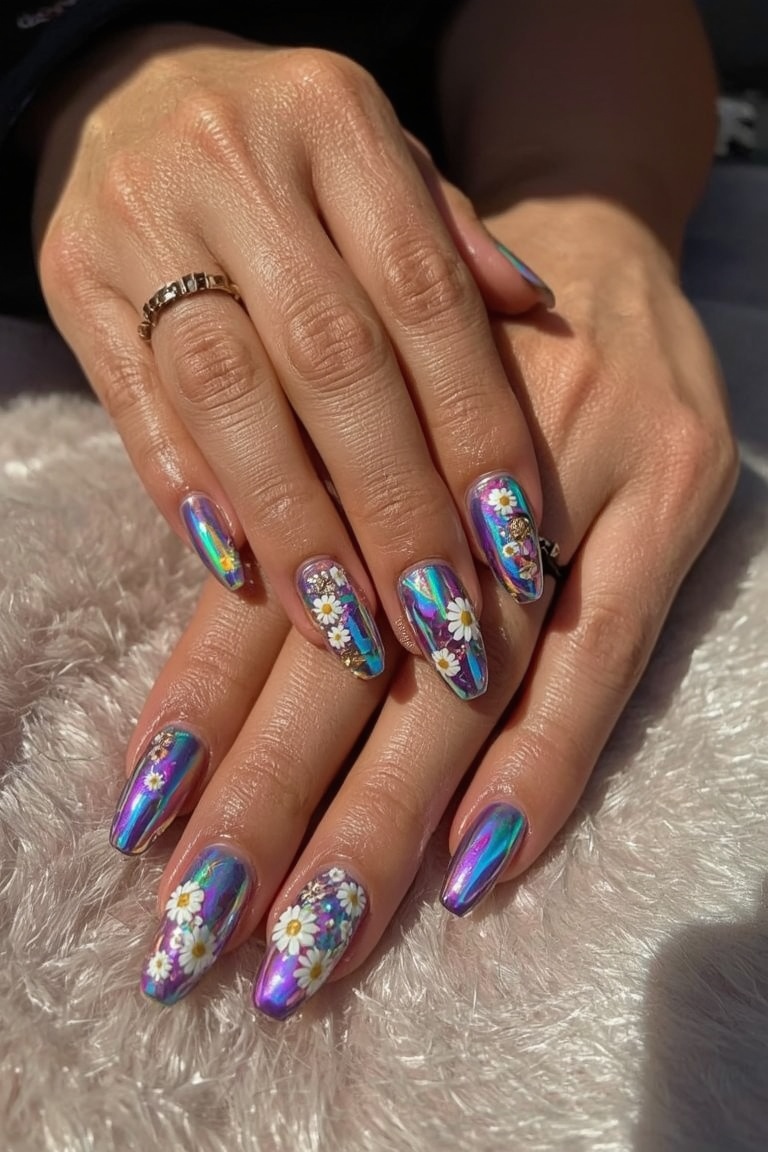 Holographic Chrome Nail Art with 3D Floral Accents