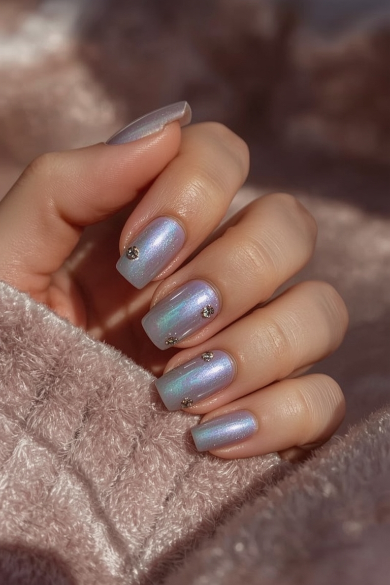 Holographic Elegance: Iridescent Nail Art with Gold Foil
