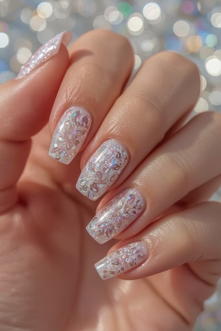 Holographic Floral Nail Art