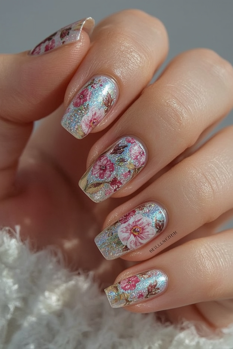 Holographic Floral Nail Art Masterpiece