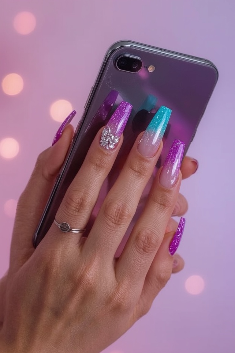 Holographic Gradient Stiletto Nails with 3D Floral Art