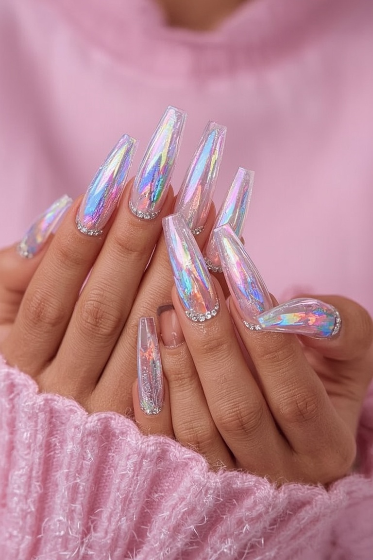 Holographic Stiletto Nails with Rhinestone Accents