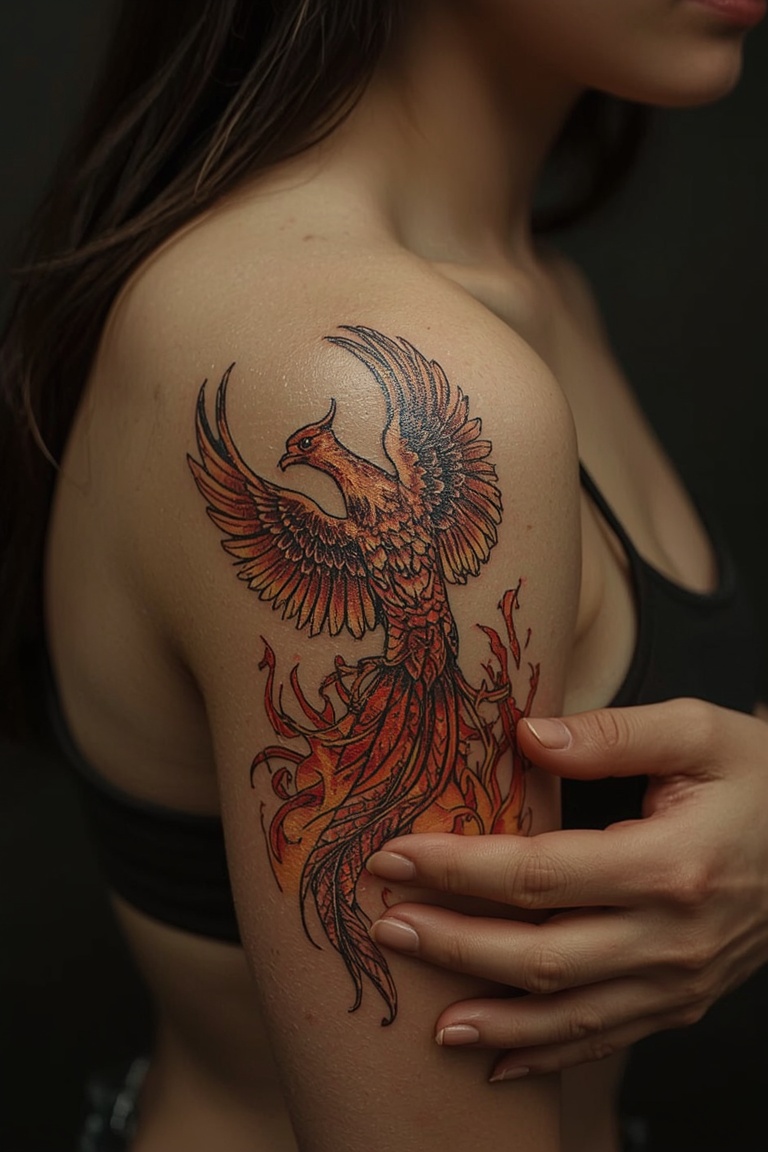 Infernal Rebirth: Phoenix Shoulder Tattoo Design