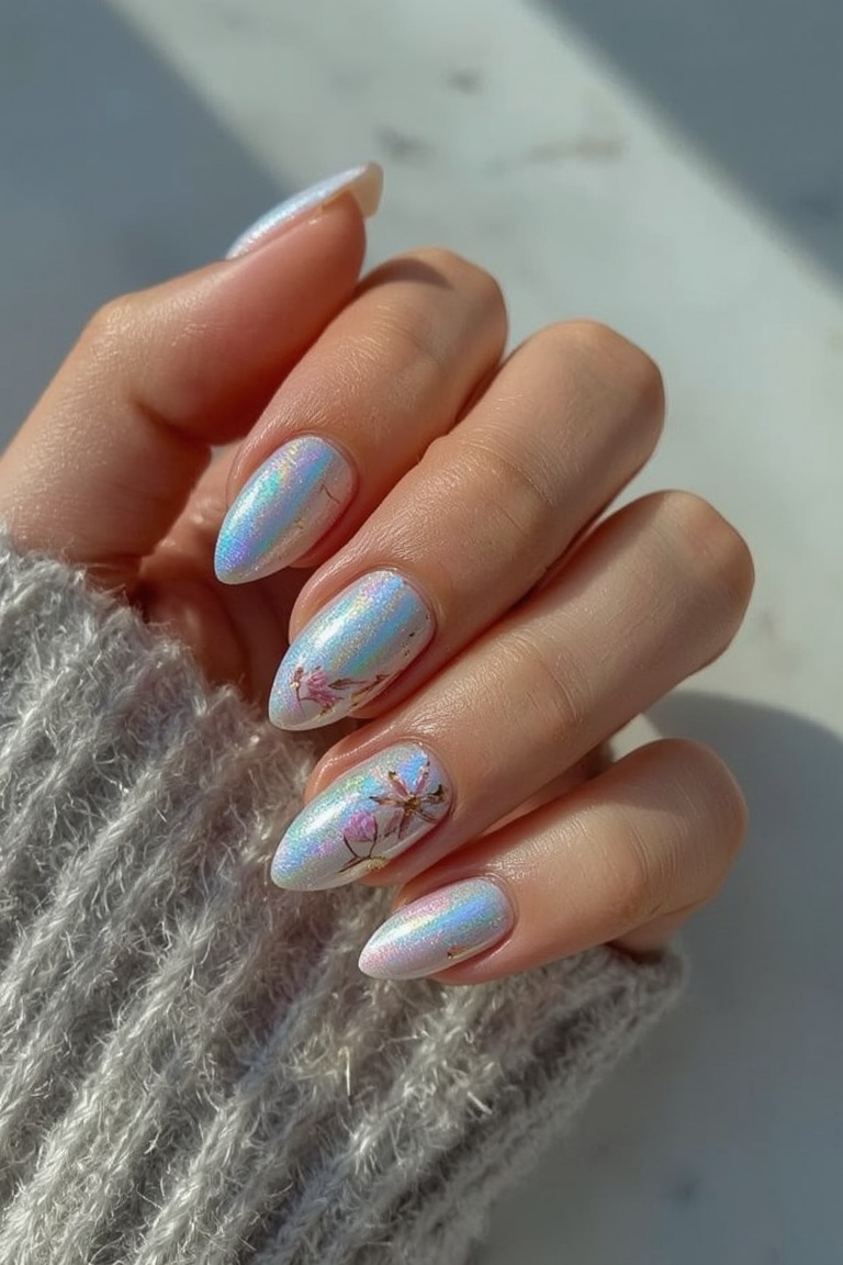 Iridescent Chrome Floral Nails