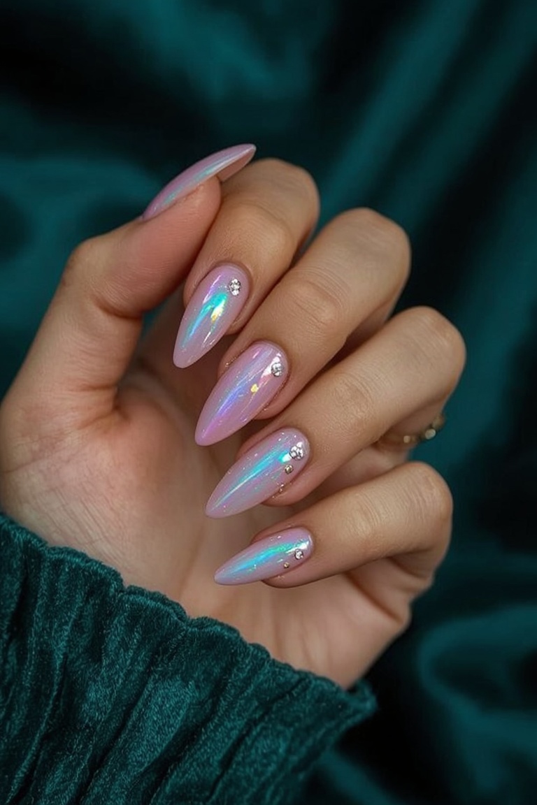 Iridescent Opal Nail Art with Gold Foil