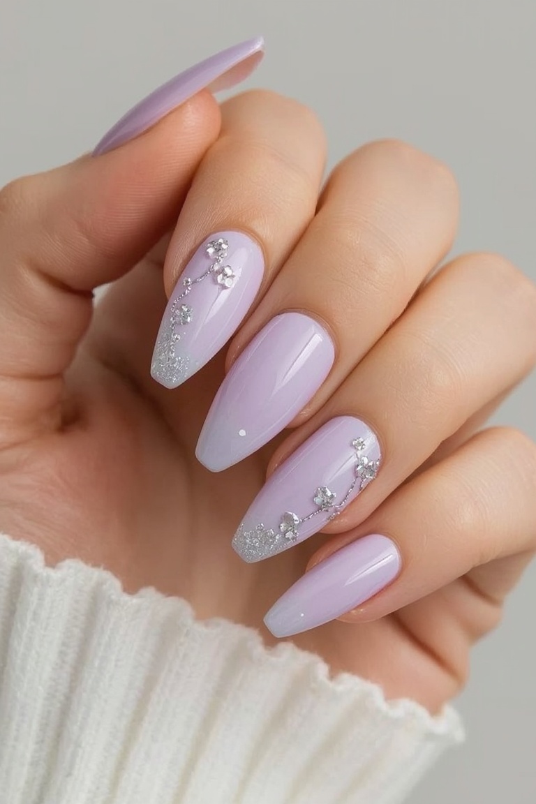Lavender Glitter Dream: Floral Gel Nails