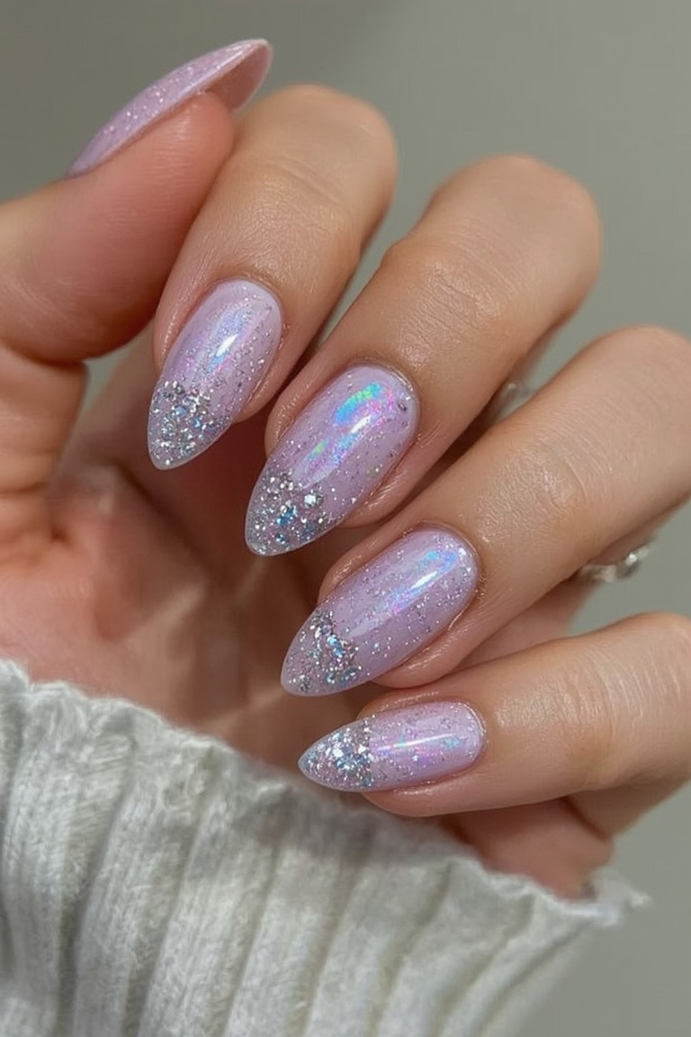 Lavender Holographic Gel Nails with Silver Foil Accents