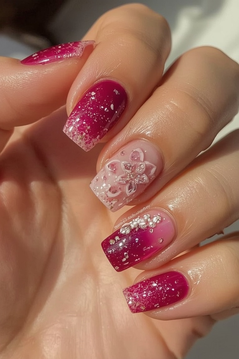 Magenta Glitter Gel Nails with Gold Foil