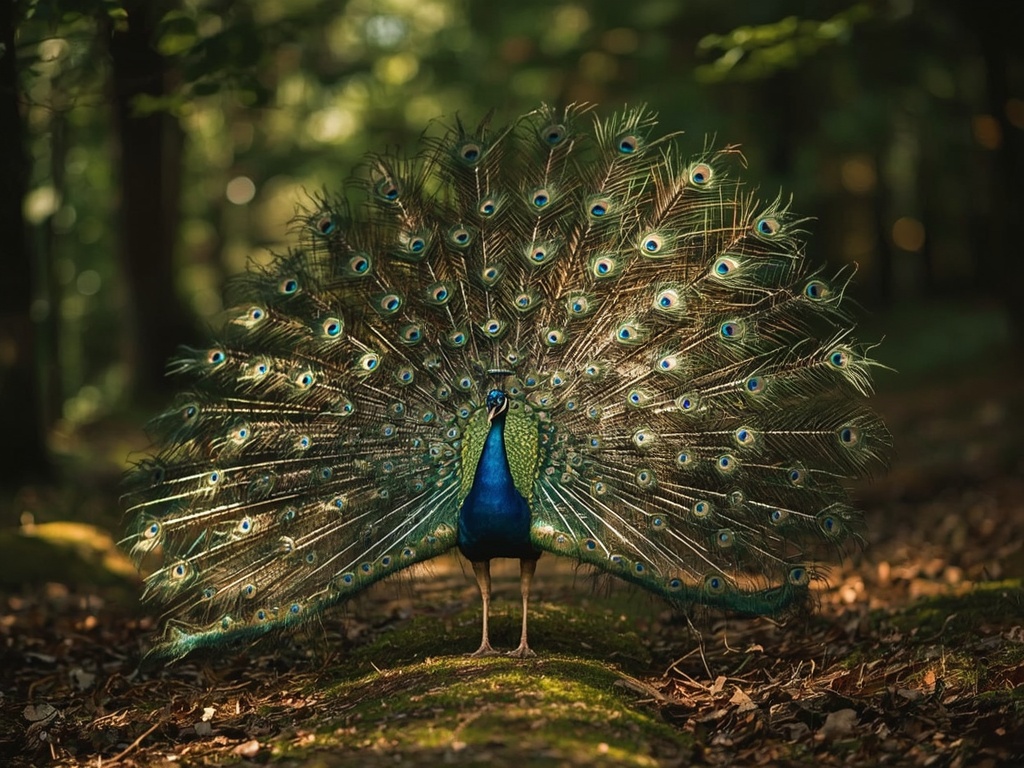 Majestic Peacock Display in Sunlit Forest