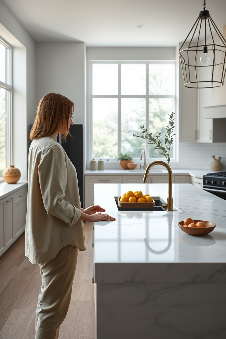 Marble Island Morning – Minimalist Kitchen Serenity