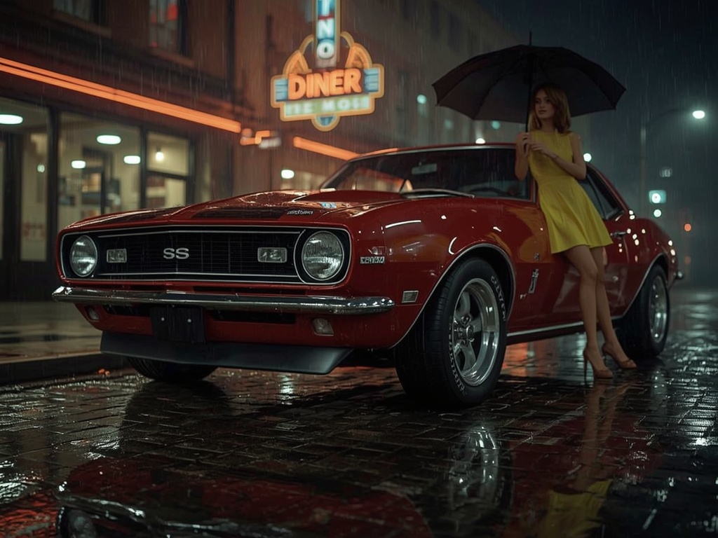 Midnight on Cobblestone: Vintage Camaro at the Diner